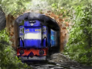 Train emerging from tunnel