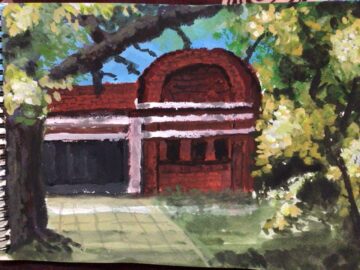 Old red bungalow in gouache